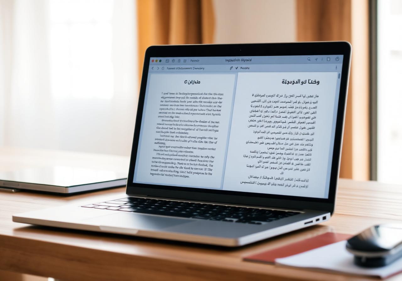 Multilingual translation document on laptop